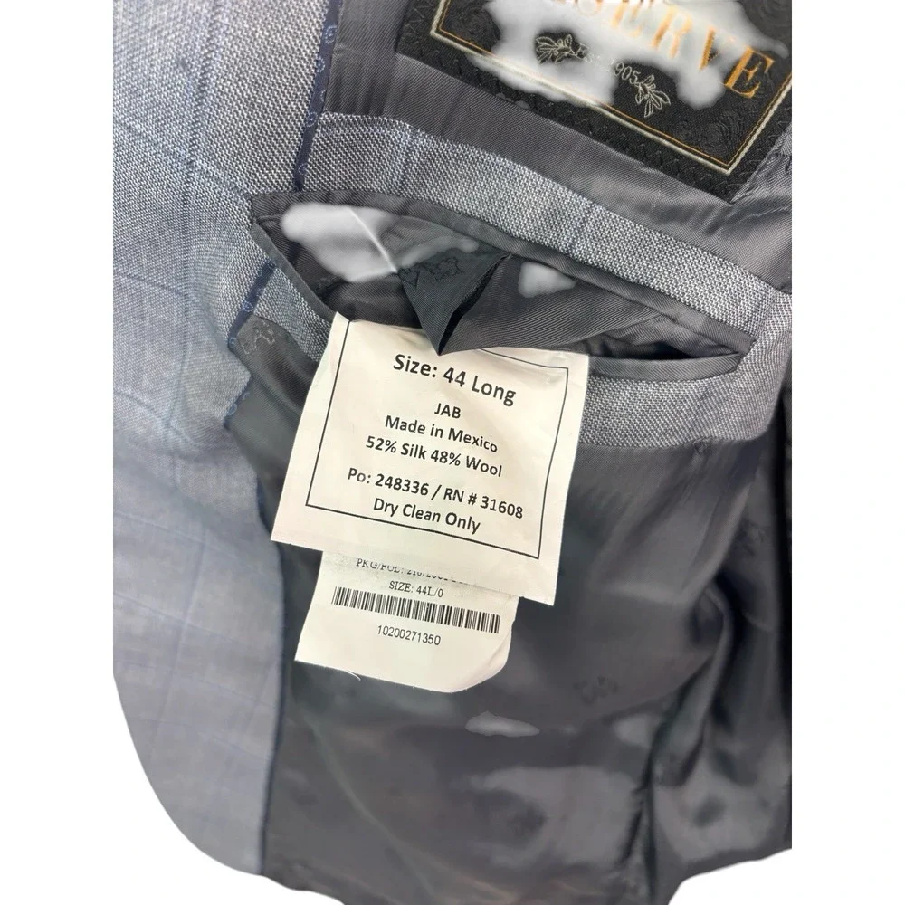 Jos A Bank 44L Gray Blue Windowpane‎ Silk Wool Blazer Jacket Sport Coat Reserve